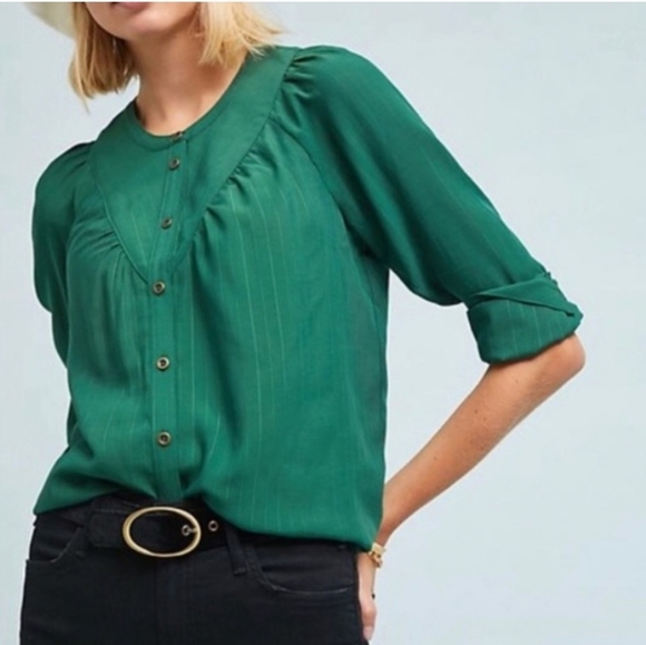 Anthropologie Tops - Maeve by Anthropologie Avignon Dark Green Pleated Button-Front Stripe Blouse